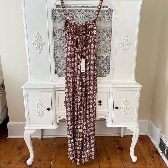 NWT Urban Outfitters Ecote Lovas
Linen Brown Patterned Strappy
Back Jumpsuit - Picture 2 of 15